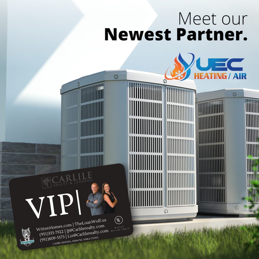 Meet our Newest Partner post for UEC Heating and Air, with a Carlile Realty VIP card in the corner