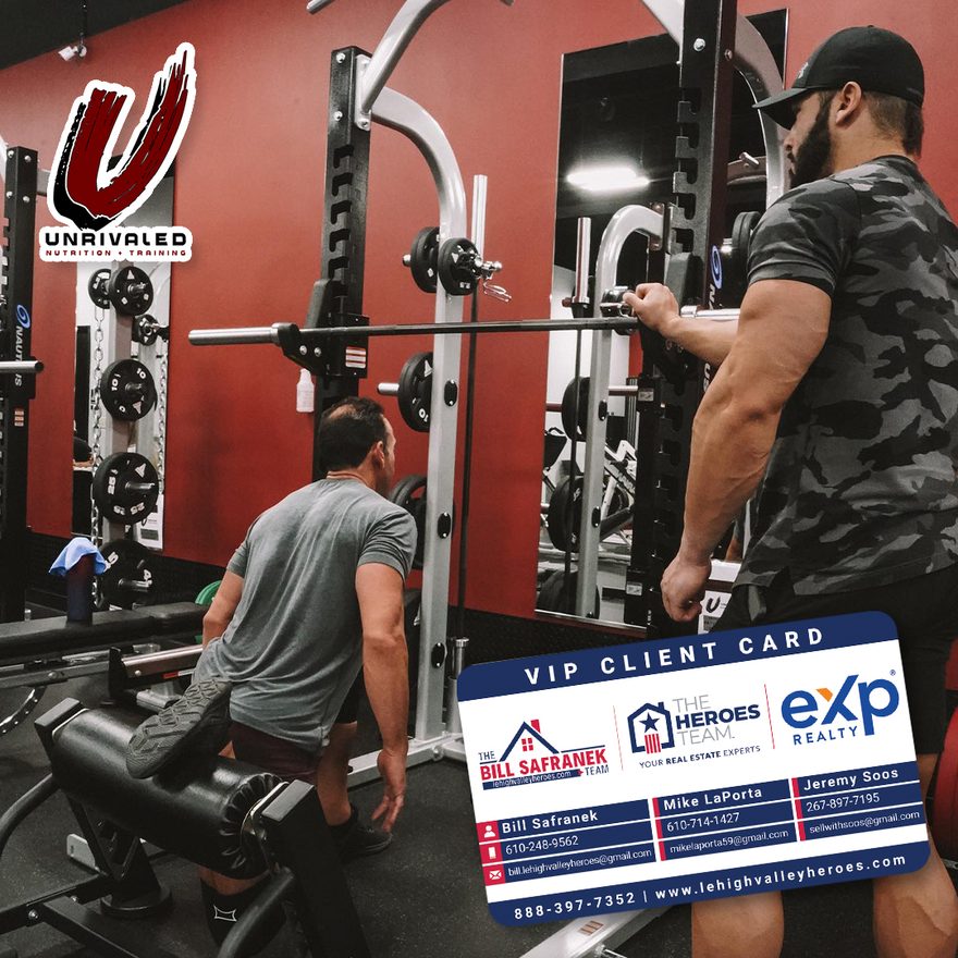 Post for Unrivaled Nutrition and Training gym, with an eXp Realty team's VIP client card in the corner