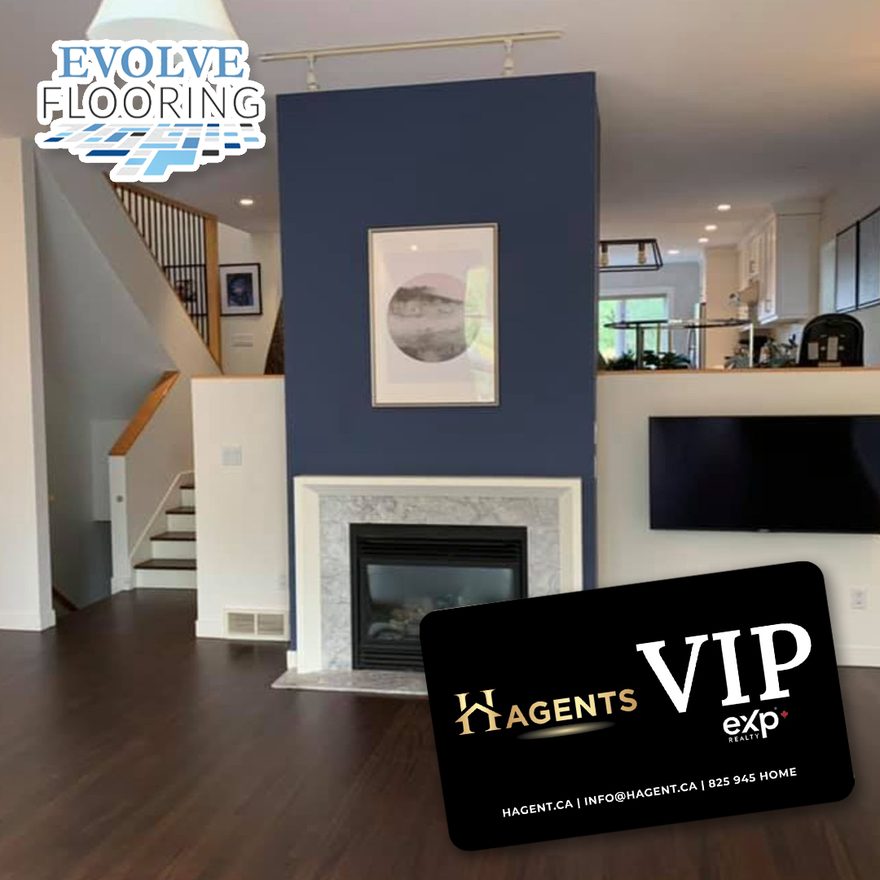 Post for Evolve Flooring, with an eXp Realty agent's VIP card in the corner